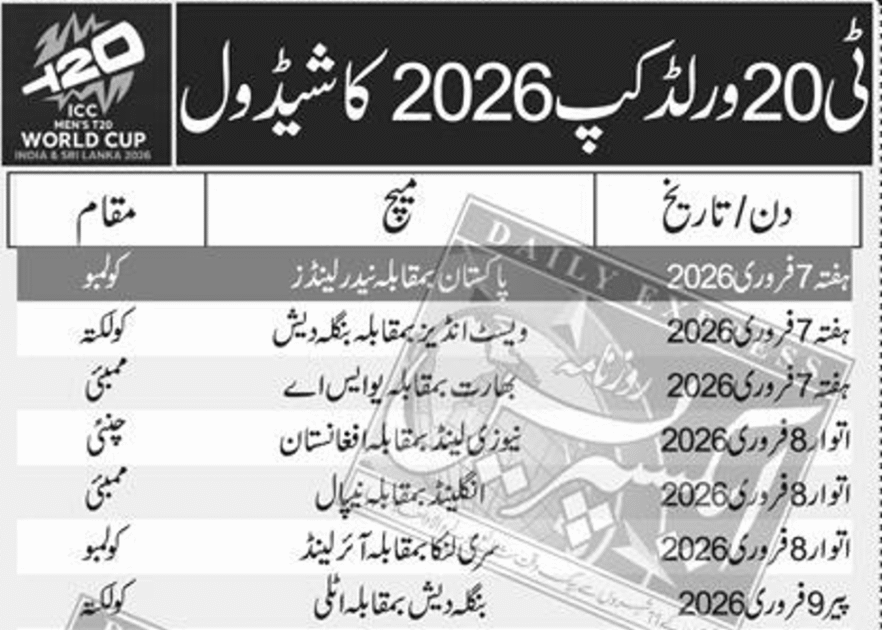 ٹی ٹوئنٹی ورلڈ کپ 2026مکمل شیڈول