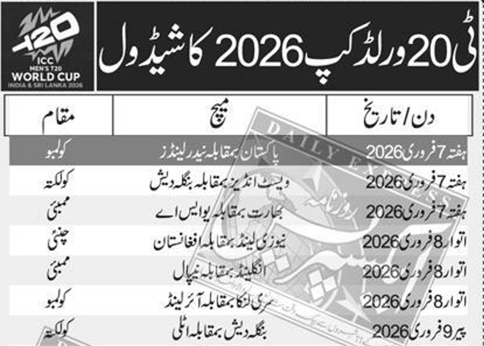 ٹی ٹوئنٹی ورلڈ کپ 2026مکمل شیڈول