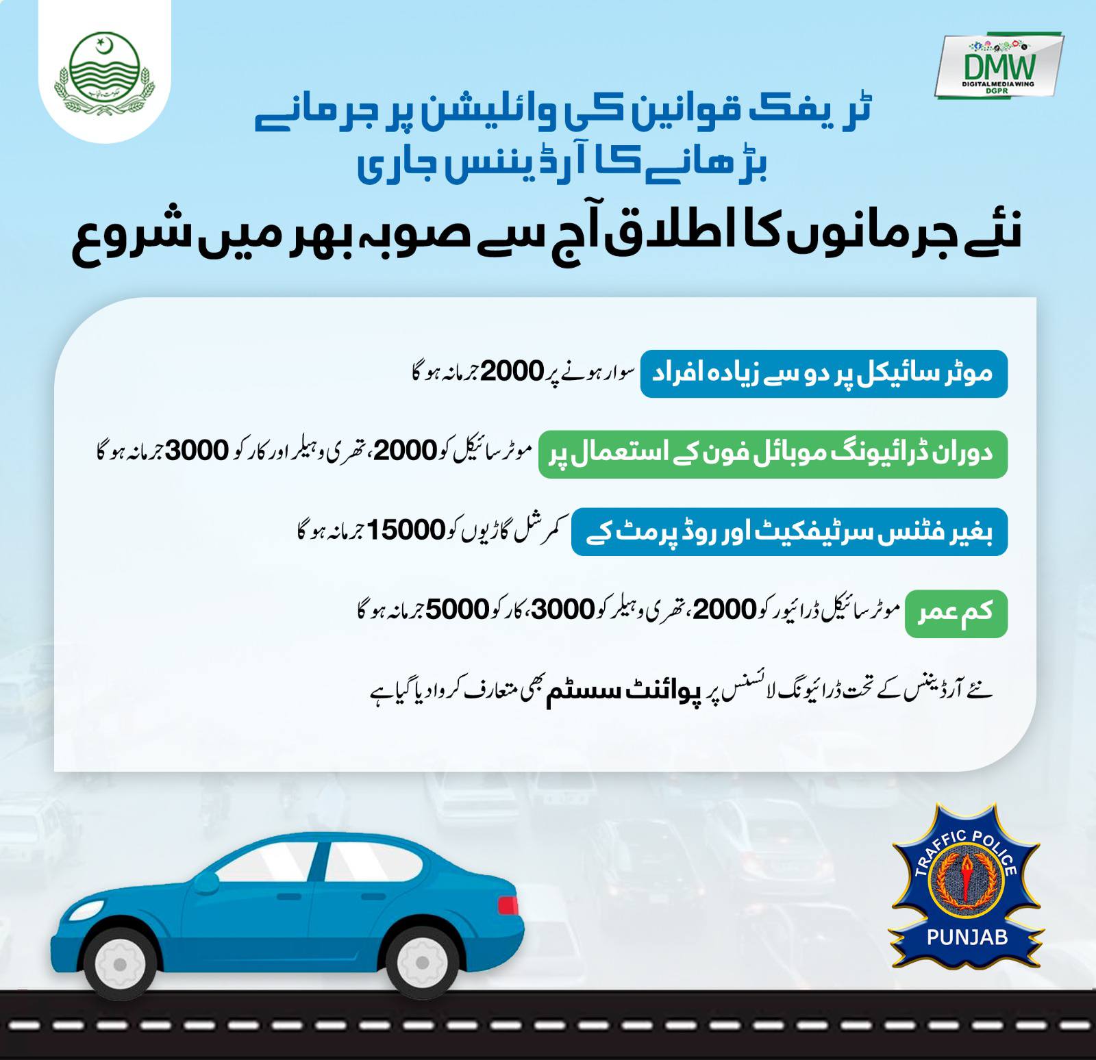 پنجاب میں ٹریفک پولیس نے جرمانوں میں حیران کن اضافہ کردیا